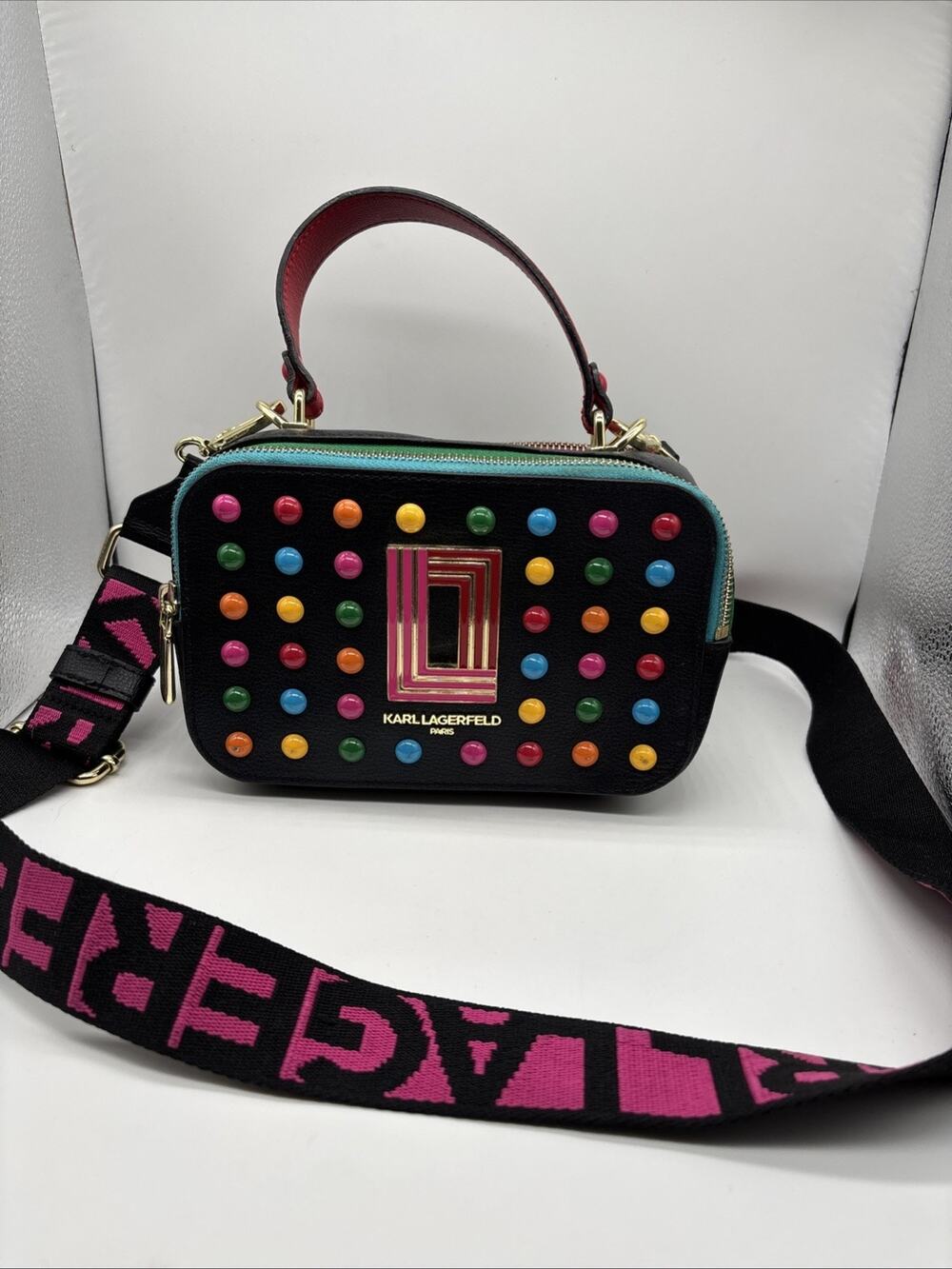 Karl Lagerfeld Paris Simone Camera Bag Wjc Black Multi Studded Crossbody